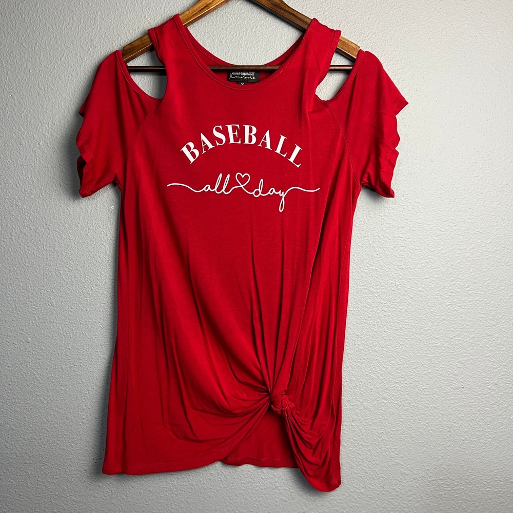 Gameday Couture Baseball Mom All Day Red Cold Shoulder Knot T-Shirt Small